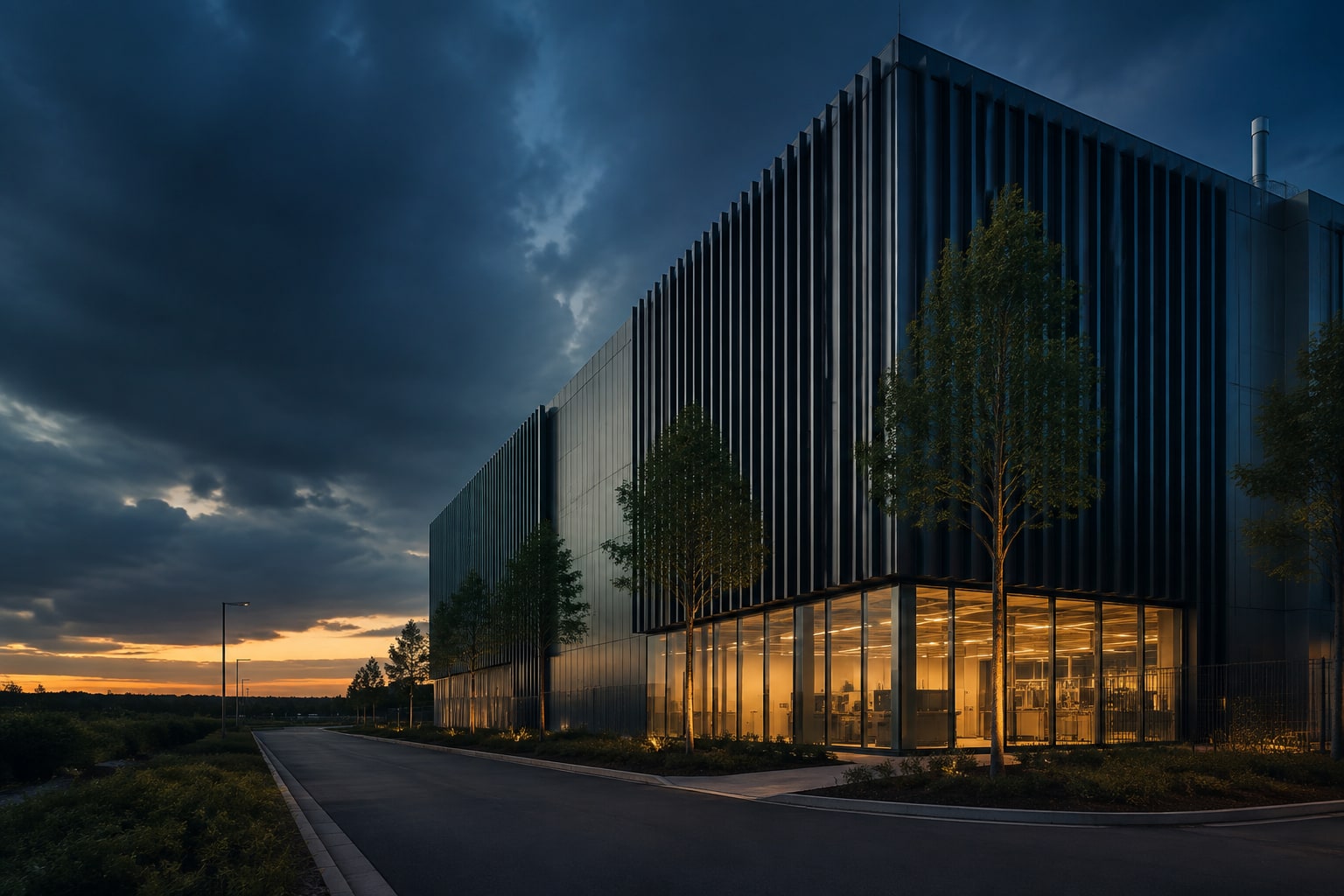 Illustration architecturale d’un Data Center contemporain au crépuscule